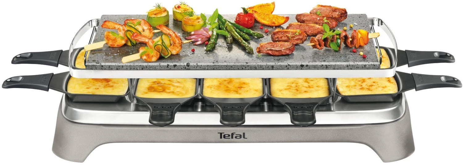 Tefal Raclette PR457B Pierrade Voor Maximaal 10 Personen, Grillplaat Van Steen, Inclusief Krabber, Afneembare Kabel, Pannetje Geschikt Voor De Vaatwasser